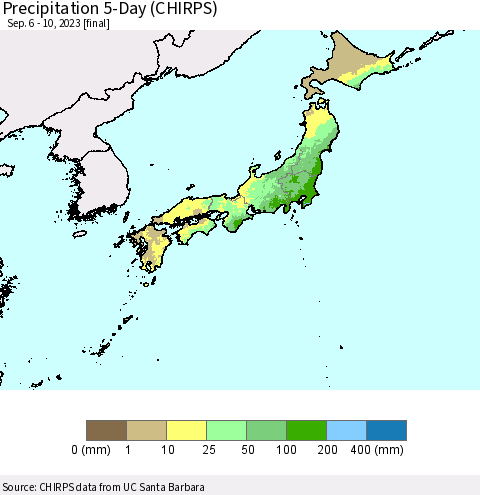 Japan Precipitation 5-Day (CHIRPS) Thematic Map For 9/6/2023 - 9/10/2023