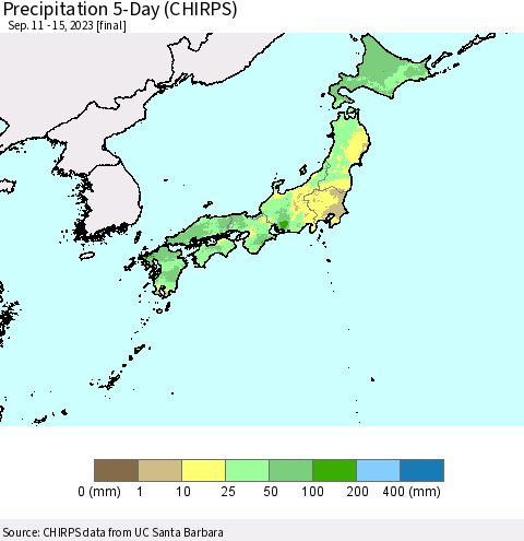 Japan Precipitation 5-Day (CHIRPS) Thematic Map For 9/11/2023 - 9/15/2023