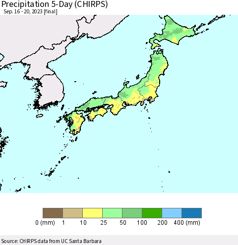 Japan Precipitation 5-Day (CHIRPS) Thematic Map For 9/16/2023 - 9/20/2023