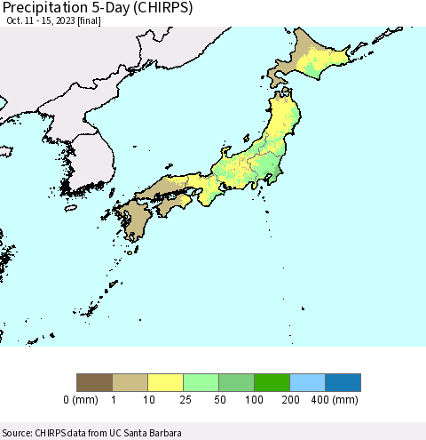 Japan Precipitation 5-Day (CHIRPS) Thematic Map For 10/11/2023 - 10/15/2023