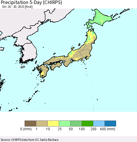 Japan Precipitation 5-Day (CHIRPS) Thematic Map For 10/16/2023 - 10/20/2023