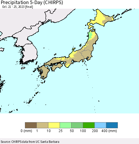 Japan Precipitation 5-Day (CHIRPS) Thematic Map For 10/21/2023 - 10/25/2023