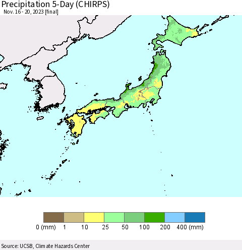 Japan Precipitation 5-Day (CHIRPS) Thematic Map For 11/16/2023 - 11/20/2023