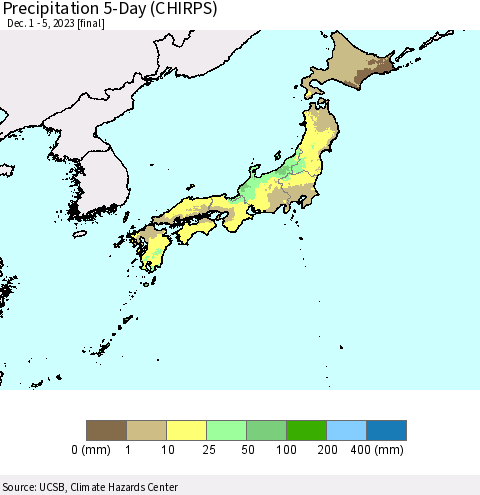 Japan Precipitation 5-Day (CHIRPS) Thematic Map For 12/1/2023 - 12/5/2023