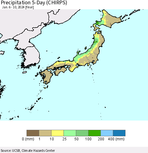Japan Precipitation 5-Day (CHIRPS) Thematic Map For 1/6/2024 - 1/10/2024
