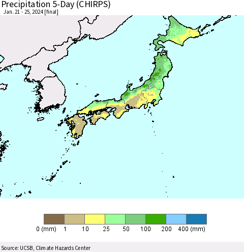 Japan Precipitation 5-Day (CHIRPS) Thematic Map For 1/21/2024 - 1/25/2024