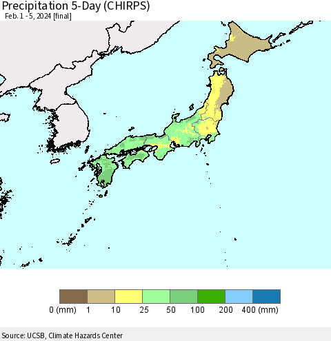 Japan Precipitation 5-Day (CHIRPS) Thematic Map For 2/1/2024 - 2/5/2024