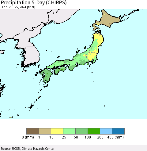 Japan Precipitation 5-Day (CHIRPS) Thematic Map For 2/21/2024 - 2/25/2024