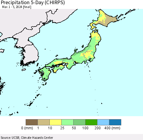 Japan Precipitation 5-Day (CHIRPS) Thematic Map For 3/1/2024 - 3/5/2024