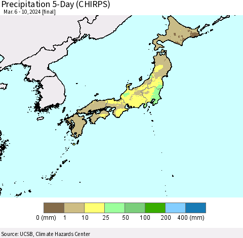 Japan Precipitation 5-Day (CHIRPS) Thematic Map For 3/6/2024 - 3/10/2024