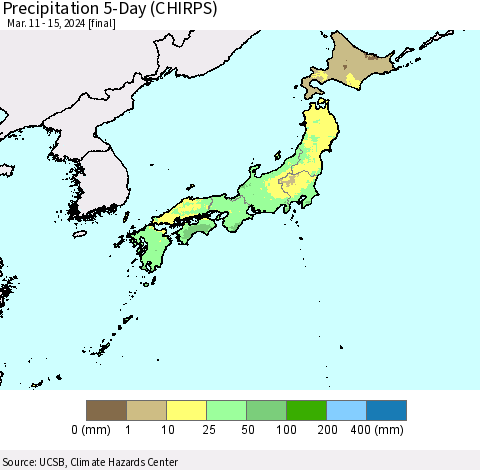 Japan Precipitation 5-Day (CHIRPS) Thematic Map For 3/11/2024 - 3/15/2024