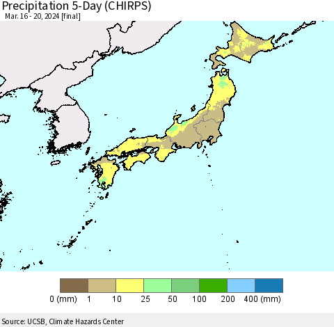 Japan Precipitation 5-Day (CHIRPS) Thematic Map For 3/16/2024 - 3/20/2024
