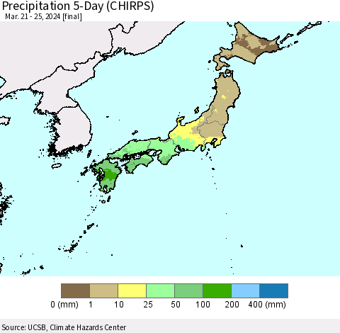 Japan Precipitation 5-Day (CHIRPS) Thematic Map For 3/21/2024 - 3/25/2024