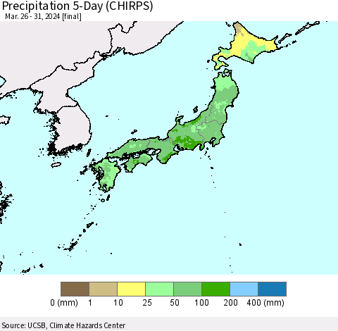 Japan Precipitation 5-Day (CHIRPS) Thematic Map For 3/26/2024 - 3/31/2024