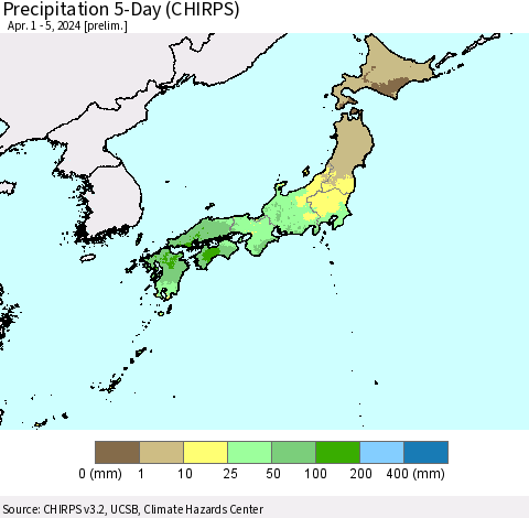 Japan Precipitation 5-Day (CHIRPS) Thematic Map For 4/1/2024 - 4/5/2024