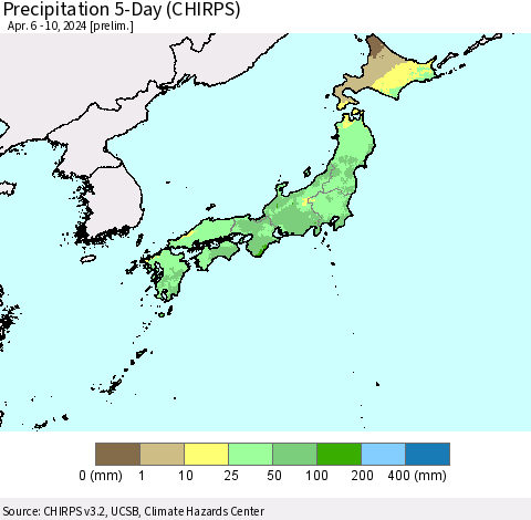 Japan Precipitation 5-Day (CHIRPS) Thematic Map For 4/6/2024 - 4/10/2024