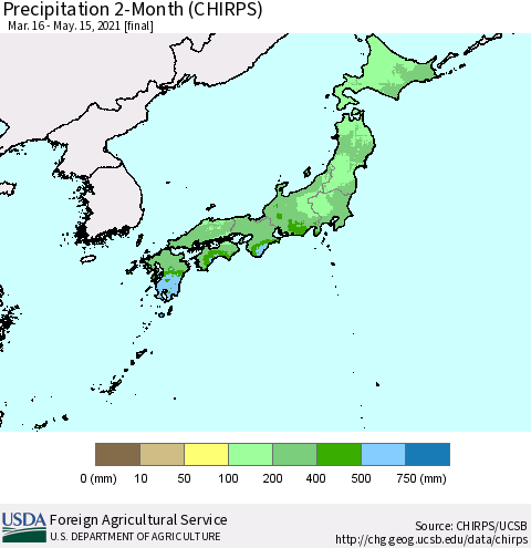 Japan Precipitation 2-Month (CHIRPS) Thematic Map For 3/16/2021 - 5/15/2021