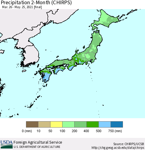 Japan Precipitation 2-Month (CHIRPS) Thematic Map For 3/26/2021 - 5/25/2021