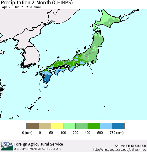 Japan Precipitation 2-Month (CHIRPS) Thematic Map For 4/21/2021 - 6/20/2021
