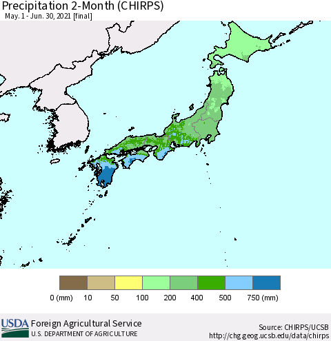 Japan Precipitation 2-Month (CHIRPS) Thematic Map For 5/1/2021 - 6/30/2021