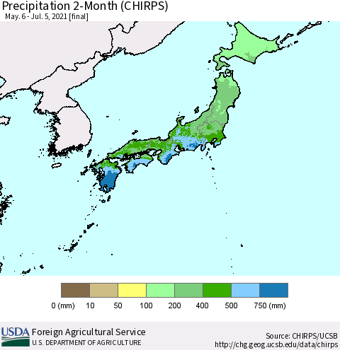 Japan Precipitation 2-Month (CHIRPS) Thematic Map For 5/6/2021 - 7/5/2021