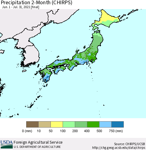 Japan Precipitation 2-Month (CHIRPS) Thematic Map For 6/1/2021 - 7/31/2021