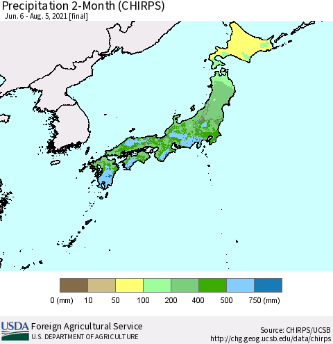 Japan Precipitation 2-Month (CHIRPS) Thematic Map For 6/6/2021 - 8/5/2021