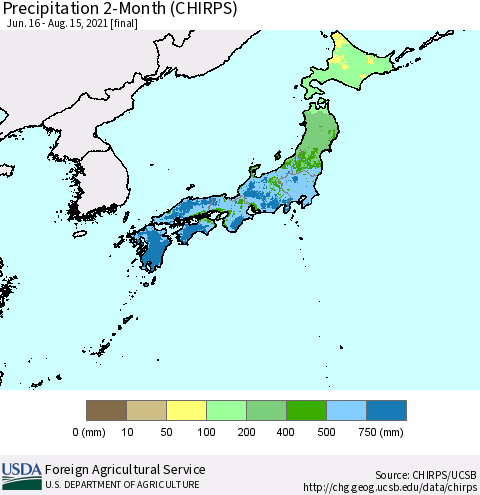 Japan Precipitation 2-Month (CHIRPS) Thematic Map For 6/16/2021 - 8/15/2021