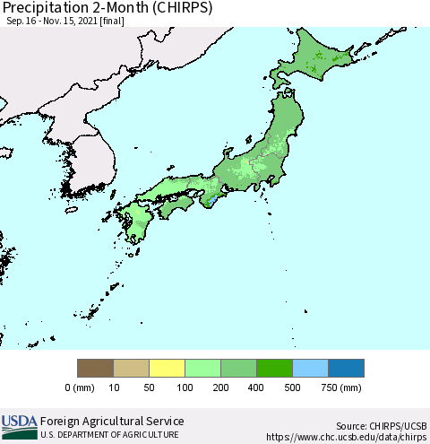 Japan Precipitation 2-Month (CHIRPS) Thematic Map For 9/16/2021 - 11/15/2021