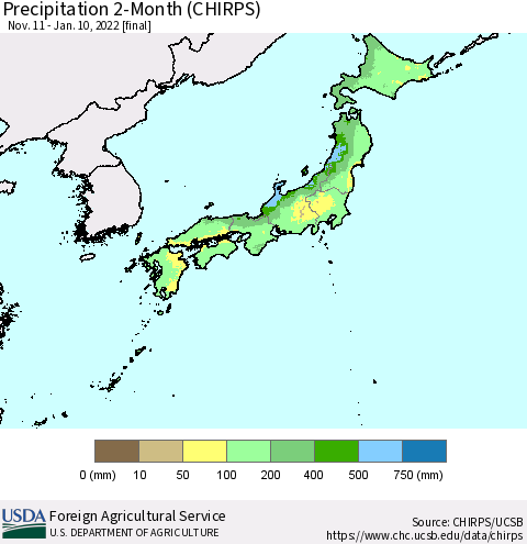 Japan Precipitation 2-Month (CHIRPS) Thematic Map For 11/11/2021 - 1/10/2022