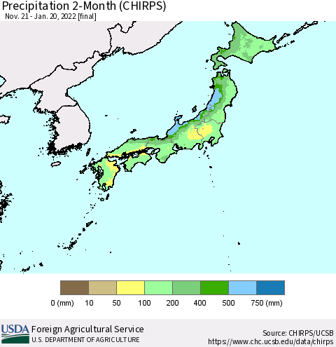 Japan Precipitation 2-Month (CHIRPS) Thematic Map For 11/21/2021 - 1/20/2022
