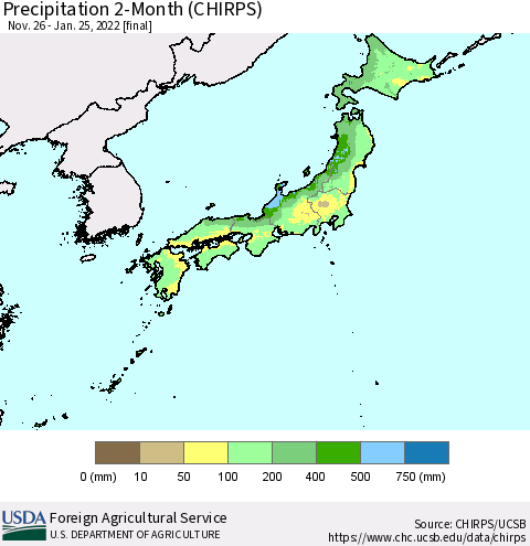 Japan Precipitation 2-Month (CHIRPS) Thematic Map For 11/26/2021 - 1/25/2022