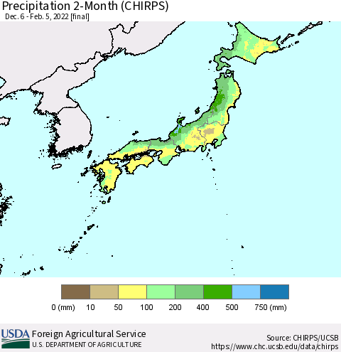 Japan Precipitation 2-Month (CHIRPS) Thematic Map For 12/6/2021 - 2/5/2022