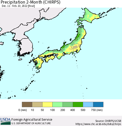 Japan Precipitation 2-Month (CHIRPS) Thematic Map For 12/11/2021 - 2/10/2022