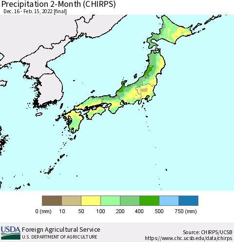 Japan Precipitation 2-Month (CHIRPS) Thematic Map For 12/16/2021 - 2/15/2022