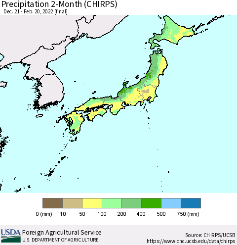 Japan Precipitation 2-Month (CHIRPS) Thematic Map For 12/21/2021 - 2/20/2022