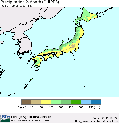 Japan Precipitation 2-Month (CHIRPS) Thematic Map For 1/1/2022 - 2/28/2022