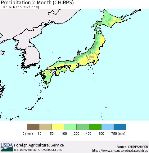 Japan Precipitation 2-Month (CHIRPS) Thematic Map For 1/6/2022 - 3/5/2022