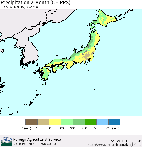 Japan Precipitation 2-Month (CHIRPS) Thematic Map For 1/16/2022 - 3/15/2022