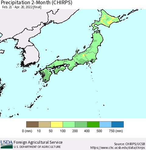 Japan Precipitation 2-Month (CHIRPS) Thematic Map For 2/21/2022 - 4/20/2022