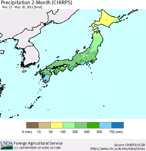 Japan Precipitation 2-Month (CHIRPS) Thematic Map For 3/21/2022 - 5/20/2022