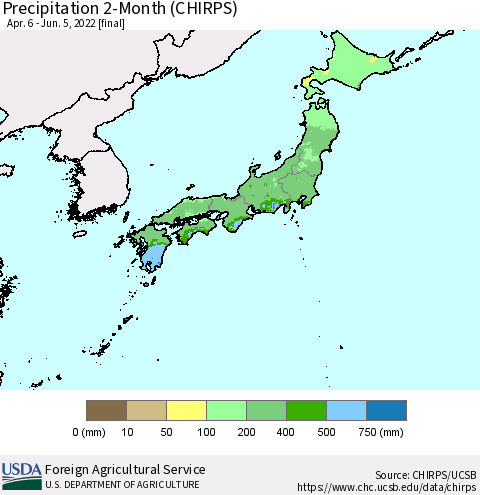 Japan Precipitation 2-Month (CHIRPS) Thematic Map For 4/6/2022 - 6/5/2022