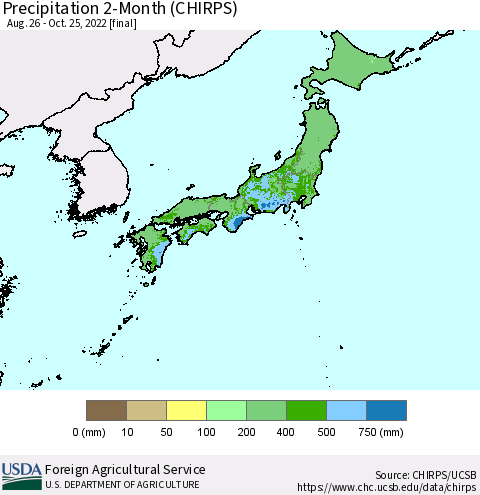 Japan Precipitation 2-Month (CHIRPS) Thematic Map For 8/26/2022 - 10/25/2022