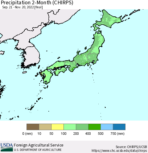 Japan Precipitation 2-Month (CHIRPS) Thematic Map For 9/21/2022 - 11/20/2022