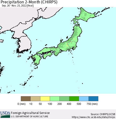 Japan Precipitation 2-Month (CHIRPS) Thematic Map For 9/26/2022 - 11/25/2022