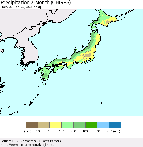Japan Precipitation 2-Month (CHIRPS) Thematic Map For 12/26/2022 - 2/25/2023
