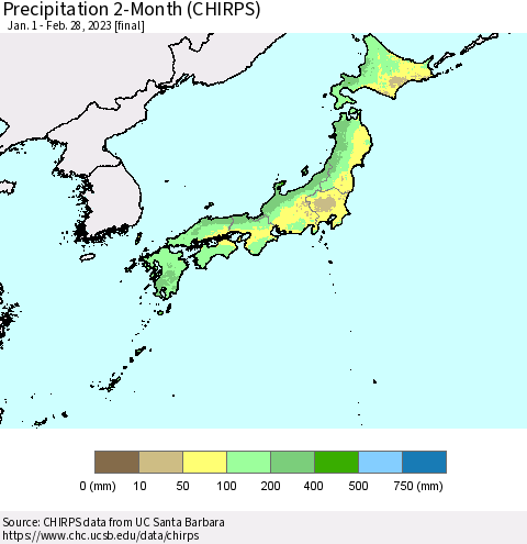 Japan Precipitation 2-Month (CHIRPS) Thematic Map For 1/1/2023 - 2/28/2023