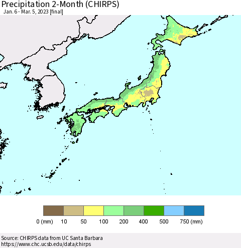 Japan Precipitation 2-Month (CHIRPS) Thematic Map For 1/6/2023 - 3/5/2023
