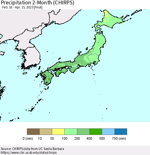 Japan Precipitation 2-Month (CHIRPS) Thematic Map For 2/16/2023 - 4/15/2023