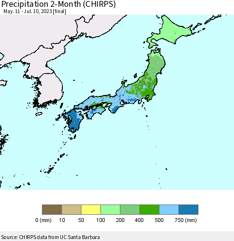 Japan Precipitation 2-Month (CHIRPS) Thematic Map For 5/11/2023 - 7/10/2023